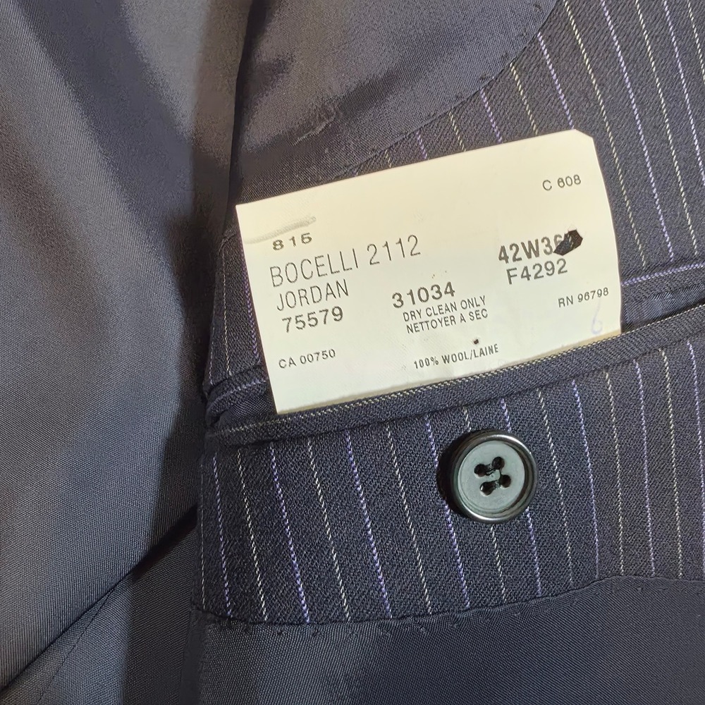 Coppley Mens Navy Pinstripe Wool Suit Scabal Fabric 42S 2 Button Made in Canada - Picture 3 of 14